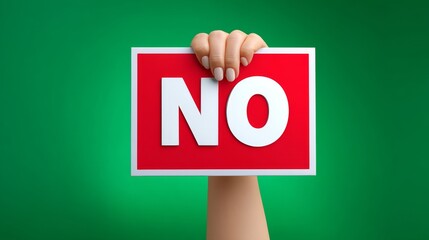 Hand Holding Bold Red Protest Sign with the Word No Against a Vivid Green Background