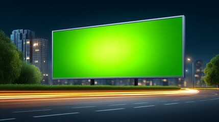 Large Outdoor Digital Billboard With Vibrant Green Screen Against Night Cityscape Backdrop