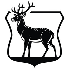 A striking black silhouette of a stag with prominent antlers, elegantly framed within a decorative border. This artistic illustration captures the grace and beauty of wildlife, making it perfect.