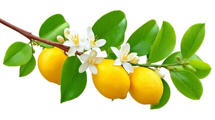 Lemon Tree Branch With Ripe Yellow Lemons And White Flowers Against A White Background