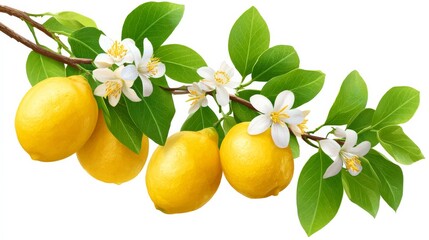 Lemon Tree Branch with Vibrant Yellow Lemons and Delicate White Flowers Against Light Background