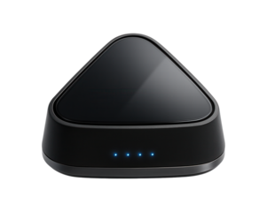 Wireless smart hub with a compact, triangular form, suitable for connecting IoT devices in a technologically advanced smart home.
