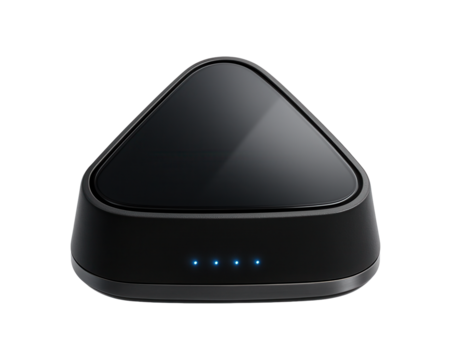 Wireless smart hub with a compact, triangular form, suitable for connecting IoT devices in a technologically advanced smart home.