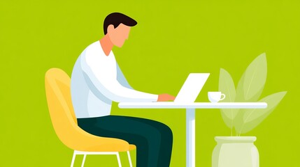 Remote Worker Concentrating on a Laptop in a Vibrant Coffee Shop with Indoor Plants