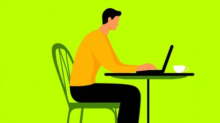 Remote Worker Using Laptop in a Coffee Shop with Vibrant Green Background