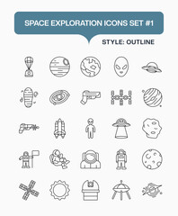 Space Exploration Line Icons Set – Vector Outline Symbols of Astronauts, Rockets, Planets, and Space Equipment