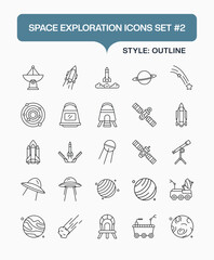 Vector Space Line Icons Pack – Outline Style Rockets, Satellites, Astronauts, and Space Travel Symbols