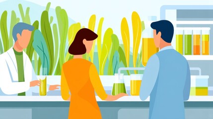 Scientists Analyzing Samples in a Bright Laboratory Surrounded by Vibrant Green Plants