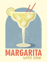 Margarita with lime Cocktail poster in retro style. Colorful flat vector illustration.