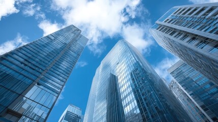 Fototapeta premium Looking Up modern high-rise office buildings with blue sky in the background