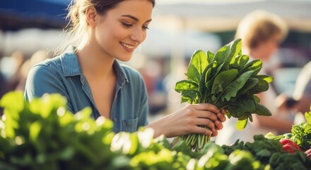 Woman shopping for fresh greens at farmers market