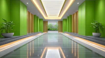 Spacious Luxury Condominium Lobby with Vibrant Green Walls and Elegant Marble Flooring