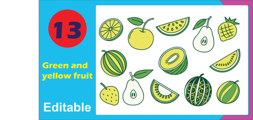 Vibrant green and yellow fruit icon set for healthy lifestyle and food designs