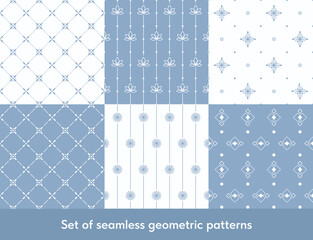 Set of seamless geometric patterns. Vector patterns for textiles, wallpaper, packaging, backgrounds.