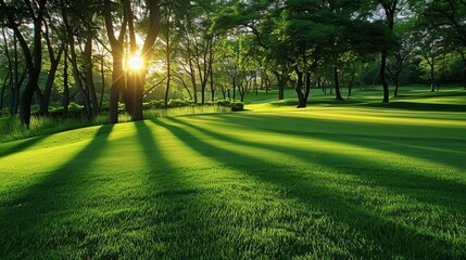 Fototapeta premium Green grass and woods on a golf field