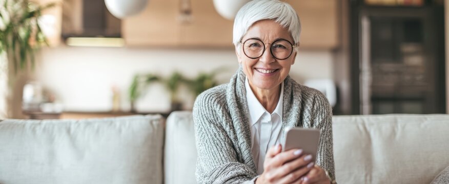 The elderly woman enjoying her smartphone in a cozy living room setting. - Powered by Adobe