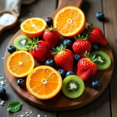  A colorful overhead shot of a wooden board filled with fresh strawberries, sliced oranges, kiwis, and blueberries. Some fruits are halved to show texture, and a few mint leaves add contrast. Bright n