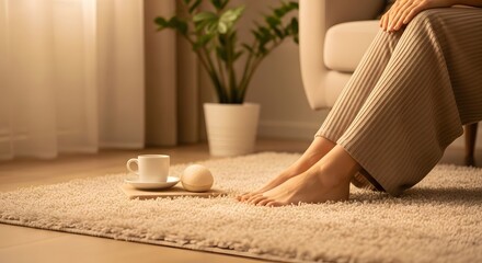 Partial view of person's legs with a cup of beverage on a wooden tray resting on a shaggy rug near an armchair and potted plant bathed in warm light creating a relaxing and cozy atmosphere.