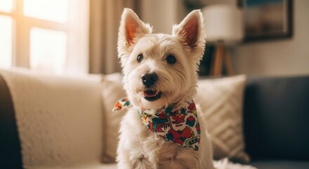 Adorable terrier dog wearing festive scarf in cozy living room setting