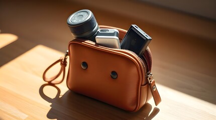 High-resolution stock photo of an adorable brown leather gadget pouch with tech accessories. Strong hard light, harsh shadows, commercial quality, sharp focus, charming features