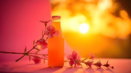 A photograph bathed in warm golden hour light, depicting a bright orange juice bottle with pink flowers on a pink background. The soft light suggests a time shortly after sunrise or before sunset