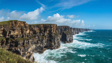 Obraz premium Scenic coastal landscape featuring dramatic cliffs weathered by the sea under a bright blue sky with scattered clouds during daytime