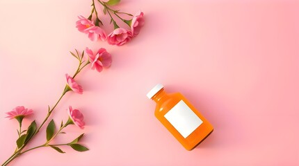 A modern flat design overhead shot showcasing a bright orange juice bottle with pink flowers on a pink background, captured in warm golden hour light. The simple two-dimensional shapes and top-down 