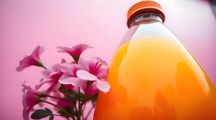 An extreme macro close-up candid street photograph focusing on the intricate details of a bright orange juice bottle with pink flowers against a pink background. The image captures spontaneous