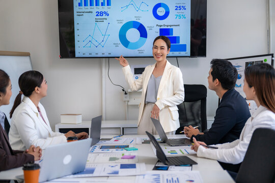 A woman is giving a presentation to a group of people