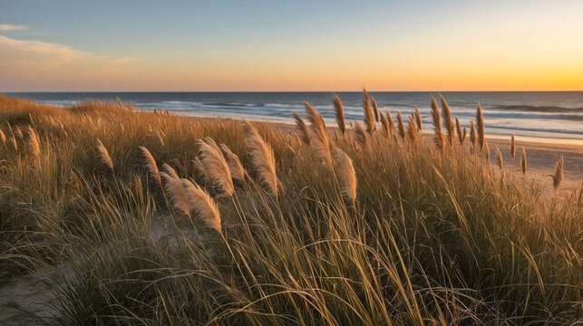 Serene coastal landscape featuring pampas grass at sunset with golden hour lighting on the beach and ocean waves.