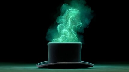 Top Hat With Glowing Green Magical Smoke Creating an Enchanting Atmosphere Against a Dark Background