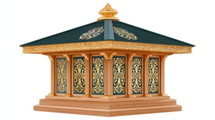 Traditional Wooden Cremation Pavilion with Ornate Carvings and Green Roof on Stone Base