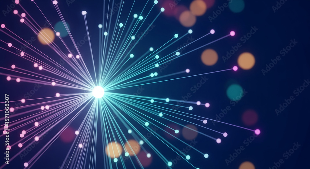 Poster abstract image of glowing lines and dots radiating from central point, creating dynamic, interconnec