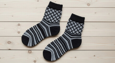 Knitted wool socks on wooden background - copy space for text