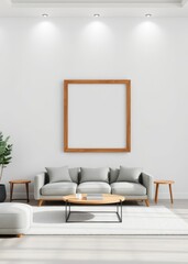 Two square wooden frame mock up with sofa and wooden side table on white wall in living room 3d illustration Empty room interior design architecture blank design room