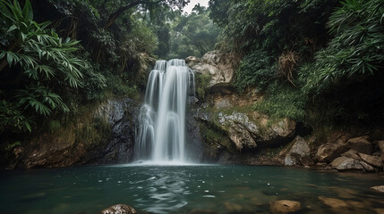 Fototapeta premium Serene waterfall cascading into tranquil pool amidst lush greenery in a forest setting with rocks and nature's beauty