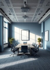 Blue and gray office meeting room with poster Empty room interior design architecture blank design room