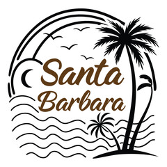 Naklejka premium Santa Barbara Beach Scene Logo with Palm Trees, Ocean Waves, Flying Birds, and a Sunset Backdrop.