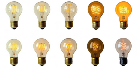 Ten light bulbs in two rows arrayed on transparent background
