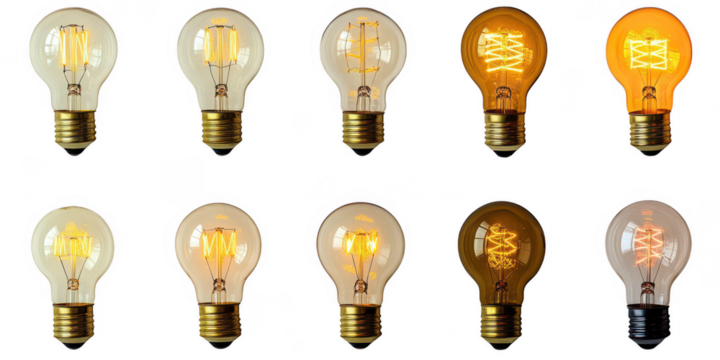Ten light bulbs in two rows arrayed on transparent background