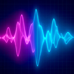 Vibrant neon sound wave visualization with pink and blue hues against a dark grid background