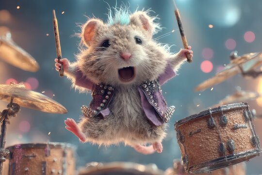  punk rock hamster drummer frozen mid-jump during a cosmic concert on a levitating crystal stage
