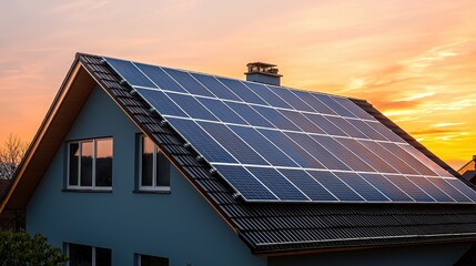 Fototapeta premium Residential solar systems evening light modern home with solar panel array on slanted roof sustainable energy technology house exterior