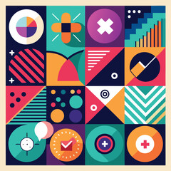 Obraz premium Abstract geometric patterns featuring colorful shapes and icons suitable for various design projects with a stylish bold and pastel palettes.