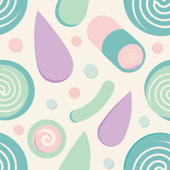 Abstract seamless pattern featuring pastel shapes spirals and organic forms perfect for creating digital design and textile prints