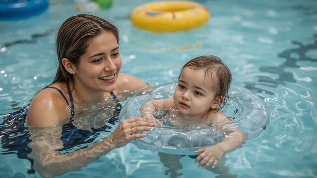 Warm baby swimming coach teaching smiling infant in turquoise children&rsquo;s pool, realistic high-resolution scene with toys and soft background blur