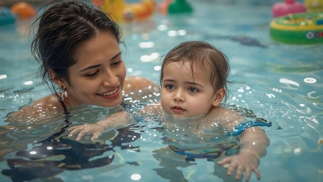 Warm baby swimming coach teaching smiling infant in turquoise children&rsquo;s pool, realistic high-resolution scene with toys and soft background blur