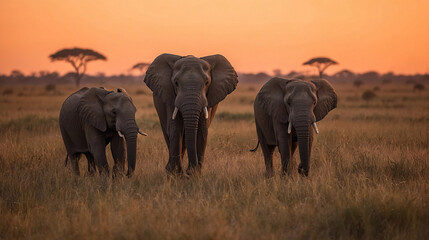 Fototapeta premium Three african elephants walking across a grassy savannah at sunset with orange sky and acacia trees