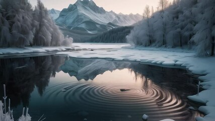 A tranquil, snow-covered mountain vista is reflected in the still lake water, with delicate ripples spreading across the surface, evoking winter peace and natural beauty. - Powered by Adobe