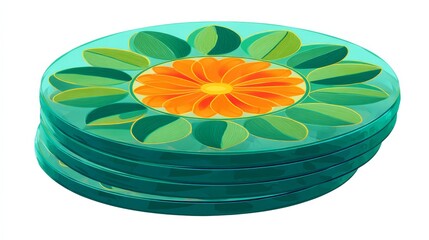 Vibrant Set of Decorative Coasters Featuring Floral Design with Orange Petals and Green Leaves